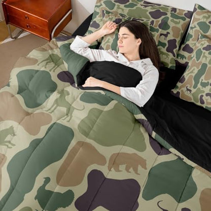Erosebridal Hunting 7 Piece Bedding Set Twin Camouflage Comforter Set with Sheets Purple Green Army Farmhouse Bed in a Bag Deer Hound Bear Turkey Wolf Print for Kids Boys Girls