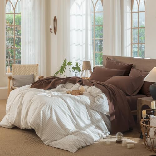 MooMee Sheet Set 100% Washed Cotton Linen-Like Extra Deep Pocket Queen