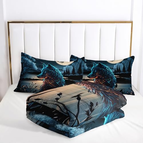 Nttopship Moon Wolf Comforter Set Queen Size, Wolf Night Moon Bedding Set 3 Piece for Kids Teens,Wild Animals Bedding Sets Soft Microfiber Comforter Sets for All Season