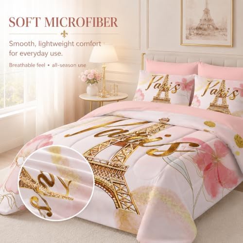 AILONEN Paris Eiffel Tower Comforter Set Full 7-Piece Tie Dye Flower Pink Bed in a Bag for Girls Women,Soft Comforter & Fitted Sheet with Flat Sheet,2 Pillowcases,2 Pillow Shams