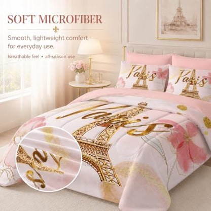 AILONEN Paris Eiffel Tower Comforter Set Full 7-Piece Tie Dye Flower Pink Bed in a Bag for Girls Women,Soft Comforter & Fitted Sheet with Flat Sheet,2 Pillowcases,2 Pillow Shams