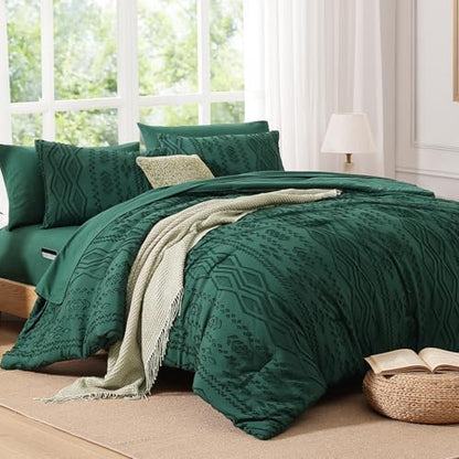 King Size Comforter Set Emerald Green Tufted Boho Bedding Sets 7 Pieces