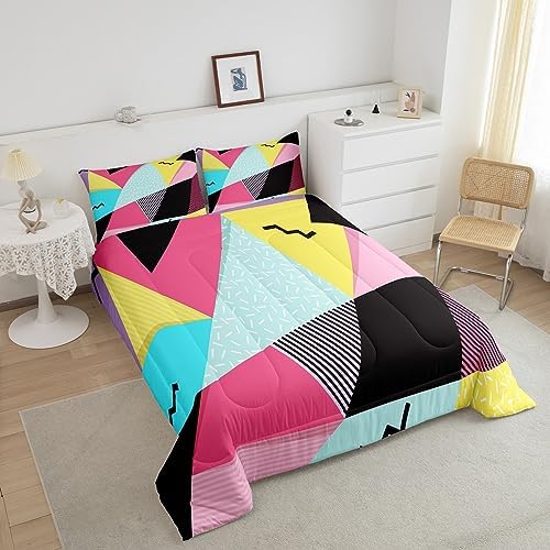 Manfei Memphis Comforter Set Full Size, Retro 80s 90s Fashion Style Quilt Set with 2 Pillowcases, Colorful Triangle Geometric Bedding Set 3pcs for Kids Boys Girls Lightweight Duvet Insert