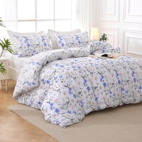 MUXHOMO Blossom Blue Full Comforter Set, Elegant Floral Print Bed in a Bag 7 Pieces, Ultra Soft & Breathable Reversible Botanical Pattern Bedding Set with Comforter, Sheets, Pillowcases, and Shams