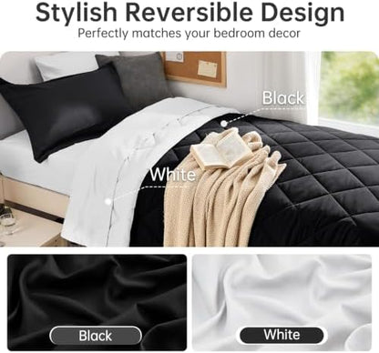 MUXHOMO 5 Pieces Twin XL Comforter Set, Reversible Bed in a Bag Twin XL Size, All Season Bedding Set with Comforter, Flat Sheet, Fitted Sheet, Pillowcases & Shams, Black & White
