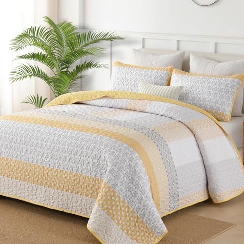 WONGS BEDDING Yellow King Size Quilt Set,Boho Striped Patchwork Bedspread