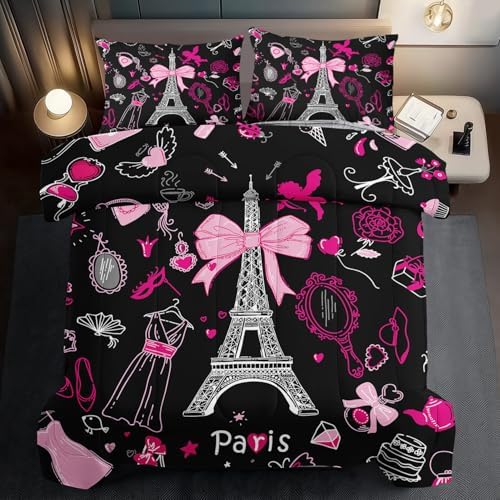 Eiffel Tower Comforter Set Twin Size,Eiffel Tower Bedding Set for Girls, Pink and Black Paris Themed Comforter Bedroom Decor,Paris Quilt French Style Romantic Bedding