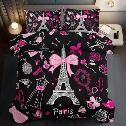 Eiffel Tower Comforter Set Twin Size,Eiffel Tower Bedding Set for Girls, Pink and Black Paris Themed Comforter Bedroom Decor,Paris Quilt French Style Romantic Bedding