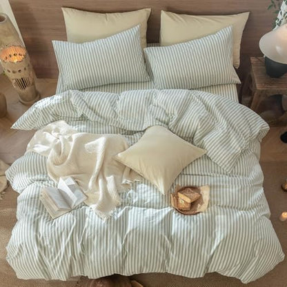MooMee Striped Duvet Cover Set 100% Washed Cotton Linen Like Cal King