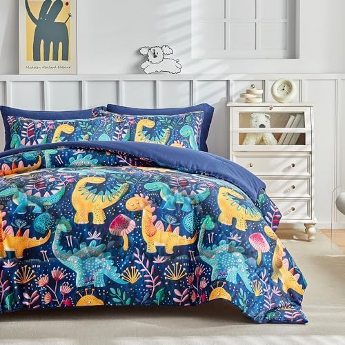 Wajade 7 Piece Dinosaur Comforter Set for Boys 3D Blue Dinosaur Print Bedding Set for Kids Teens Bed in A Bag Twin Size (1 Comforter, 1 Flat Sheet, 1 Fitted Sheet, 2 Pillowcase and 2 Pillow Sham)