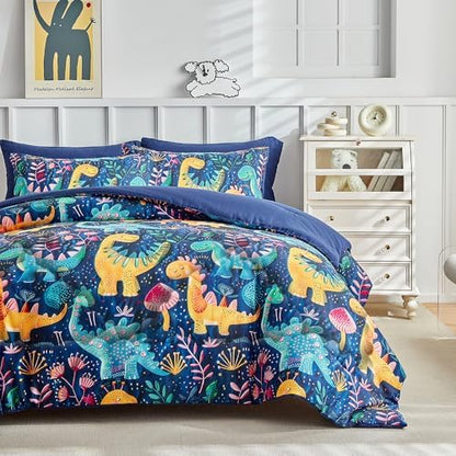 Wajade 7 Piece Dinosaur Comforter Set for Boys 3D Blue Dinosaur Print Bedding Set for Kids Teens Bed in A Bag Twin Size (1 Comforter, 1 Flat Sheet, 1 Fitted Sheet, 2 Pillowcase and 2 Pillow Sham)