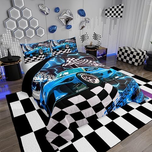 Toddler Race Car Bed for Boys,Teal Neon Lights Honeycomb Twin Size Bedding Set Cool Sports Car Glitter Beehive Geometric Hexagon Comforter Set,Black White Grid Lattice Quilt Buffalo Plaid Decor