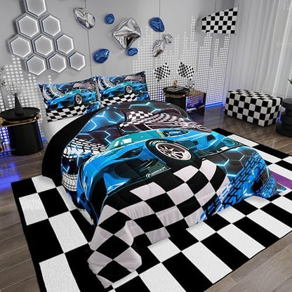 Toddler Race Car Bed for Boys,Teal Neon Lights Honeycomb Twin Size Bedding Set Cool Sports Car Glitter Beehive Geometric Hexagon Comforter Set,Black White Grid Lattice Quilt Buffalo Plaid Decor
