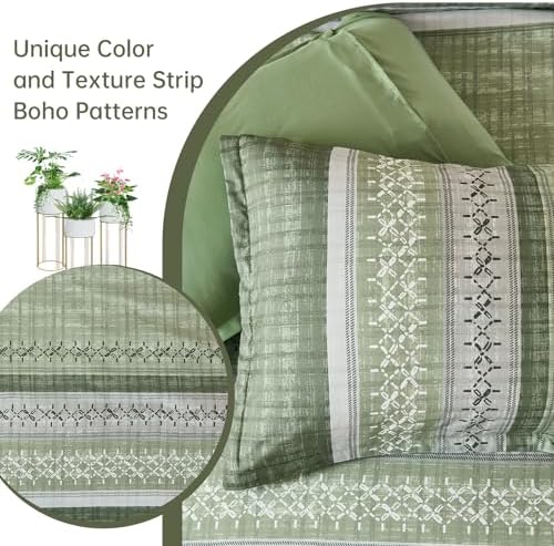Dintszyayue Sage Green Queen Comforter Size Set, 8 Pieces Boho Striped Texture Bed in a Bag Sets, Lightweight Soft Bohemian Comforter and Sheet Set, All Season Microfiber Bedding Sets for Men Women