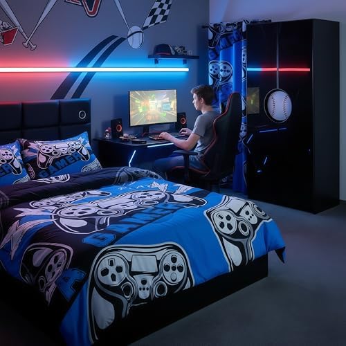 Erosebridal Gaming Comforter Sets for Boys Kids Video Game Comforter Set,Gamer Bedding Set Blue Black Quilt Duvet Set Men Boys Bedroom Decor,King Size 3Pcs