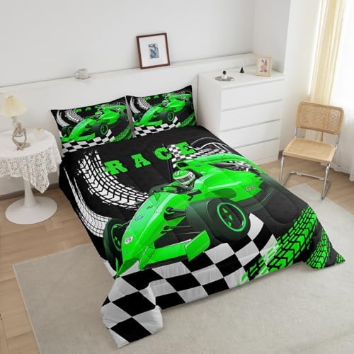 Erosebridal Go Kart Race Car Bedding Twin Comforter Set Race Car Bed for Boys Drift Kart Toddler Bedding Sets,Black White Buffalo Checked Comforter Set Square Grid Plaid Lattice Karting Quilt,Green
