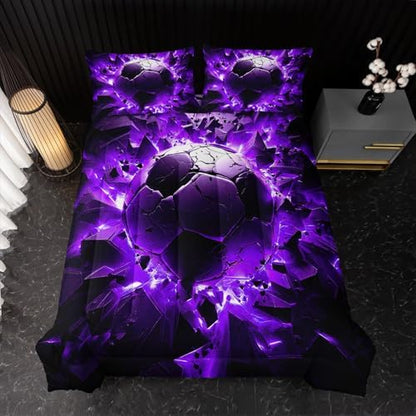 Nttopship Soccer Bedding Comforter Set Queen Size for Kids Teens and Adults, Purple and Black Football Printed Bedding Sets 3 PCS,Ball Sports Themed Bedroom Decor with 1 Comforter and 2 Pillowcases