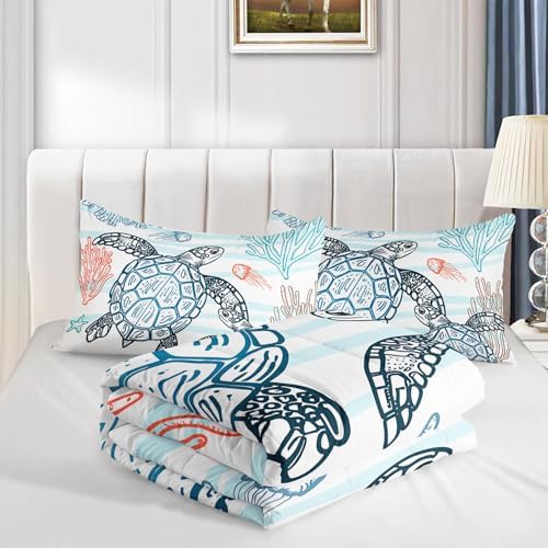 HOSIMA Kids Sea Turtle Comforter Full,Coastal Bedding with 2 Pillowcases.