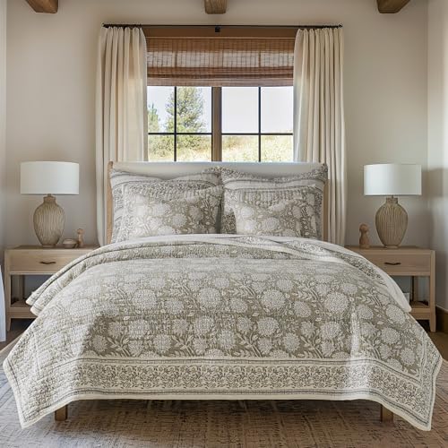 Levtex Home Adare Taupe Reversible King/Cal King Quilt Set (106x92in) and 2 Pillow Shams (36x20in) - Floral Bedding - Taupe White - Cotton King Size Quilt Bedding Set - Lightweight, Soft, Pre-Washed