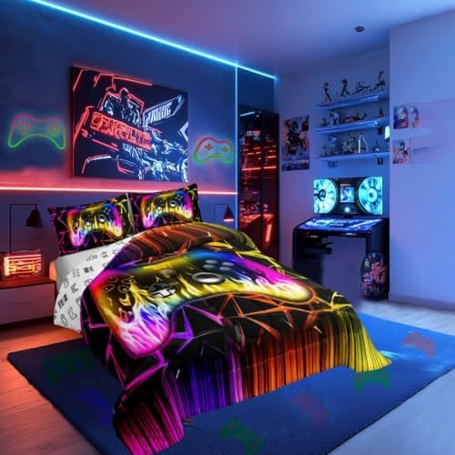 Castle Fairy Boys Gamer Comforter Set Toddler Size,Kids Gaming Modern Bedding Set for Kids Teens Bedroom,Video Game Gamepad Down Comforter,2 Pcs 1 Pillowcase