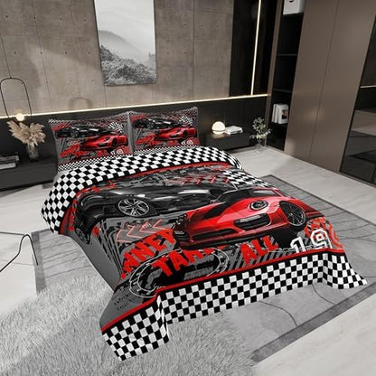 Castle Fairy Boys Sports Car Twin Size Comforter Set,Kids Cool Racing Car Decor All Season Bedding Set,Teens Extreme Sports Comforter,Children Black White Grid Decor Quilt Set Bedroom Collection 2Pcs