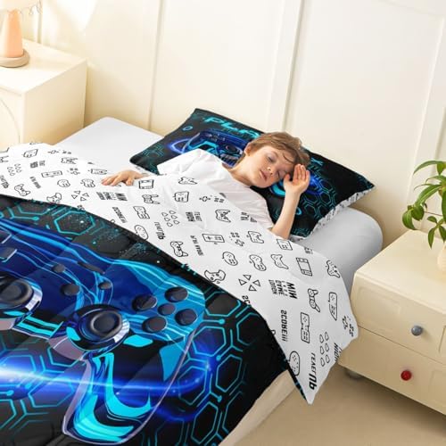 Feelyou Gamer Kids Comforter Set Toddler Size Gaming Bedding Set Game Room Decor Duvet Quilt for Kids Boys Girls Bedroom Gamepad Decor Blue Microfiber Ultra Soft Breathable