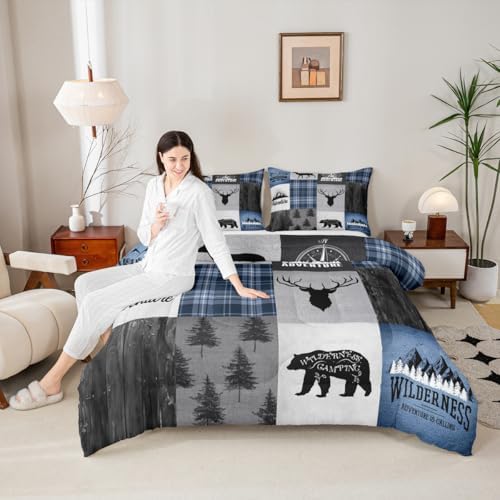 Deer Antler Bear Kids Comforter Set King Size,Hunting Adventure Bedding Set for Boys Girls Adults Room Decor,Geometric Plaids Patchwork Down Comforter,Rustic Farmhouse Duvet Insert,2 Pillowcases