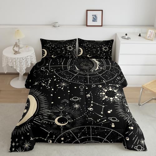 Feelyou Sun and Moon Comforter Set Boho Exotic Bedding Set Galaxy Astrology Comforter for Boys Girls Children Teens Bedroom Decor Chic Cute Luxury Zodiac Signs Duvet Set King Size Quilt Set