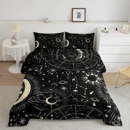 Feelyou Sun and Moon Comforter Set Boho Exotic Bedding Set Galaxy Astrology Comforter for Boys Girls Children Teens Bedroom Decor Chic Cute Luxury Zodiac Signs Duvet Set Queen Size Quilt Set