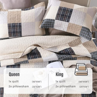 Y-PLWOMEN 100% Cotton Quilts Queen Size Farmhouse Plaid 3-Pieces Bedding