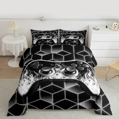 Grey Gaming Comforter Set with Neon Geometric Toddler Bedding, 3D Geometric Kids Comforter Decor for Boys' Bedroom