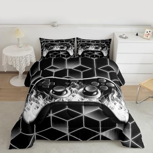 Grey Gamer Comforter Sets for Boys Gamer Gifts,Neon Geometric Boys Comforter Set Full Size,3D Geometric Full Size Bedding for Flame Gaming Consoles Room Decor