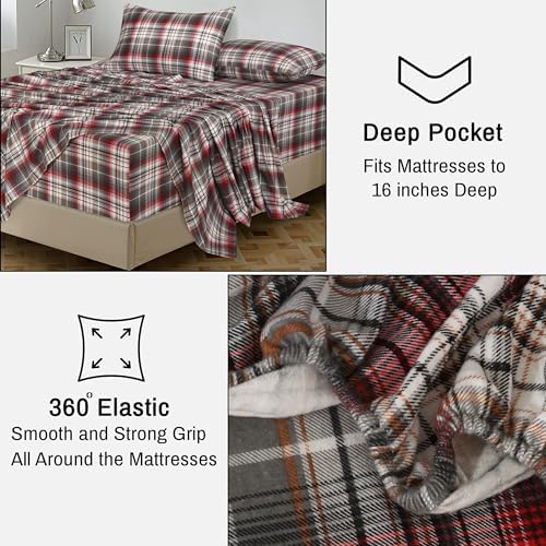 RUVANTI 100% Cotton Flannel Sheets Queen Size 4 Pcs Set, Halloween Check