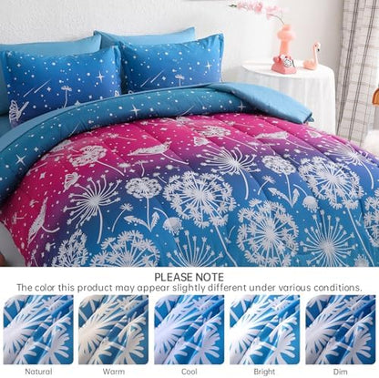 Dinjoy Girls Comforter Set 5 Pieces, Twin Size Colorful Ombre Rainbow Bedding Set, Bed in A Bag for Kid Teen Girls (1 Comforter, 1 Flat Sheet, 1 Fitted Sheet, 1 Pillow Shams, 1 Pillowcases)
