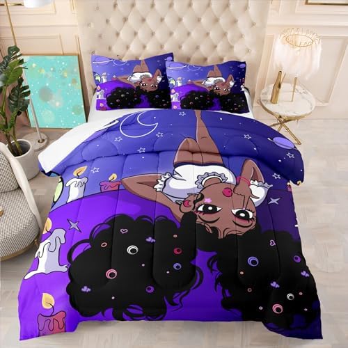 African American Comforter Sets, Black Girl Comforter Set Queen Cute Gilrs Bedding Set Purple Girls Bedroom Decor Comforter Sets with 1 Comforter +2 Pillowcase