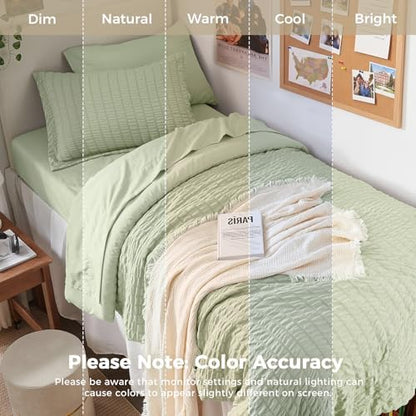 HYMOKEGE Light Green Twin XL Comforter Set Seersucker 5 Pieces, All Season Luxury Bed in a Bag for Bedroom, Bedding Set with Comforter, Sheets, Pillowcase & Sham