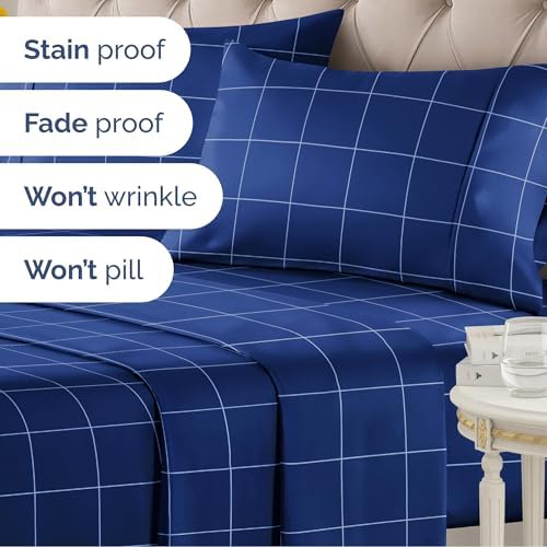 Full 4 Piece Striped Sheet Set - Soft, Breathable & Cooling - Blue Grid