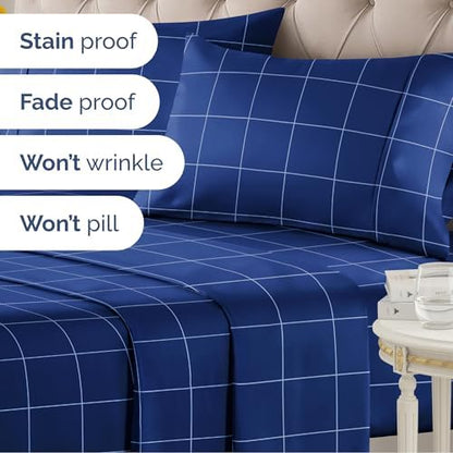 Full 4 Piece Striped Sheet Set - Soft, Breathable & Cooling - Blue Grid