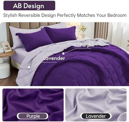 MUXHOMO 7 Pieces Oversized King Comforter Set, Reversible Bed in a Bag Oversized King Size, All Season Bedding Set with Comforter, Flat Sheet, Fitted Sheet, Pillowcases & Shams, Purple & Lavender