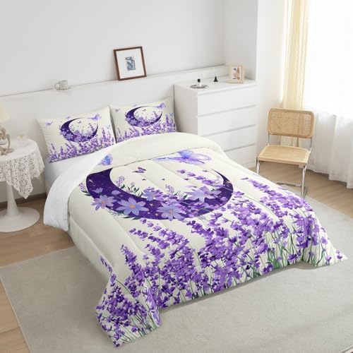 Manfei Lavender Comforter Set Full Size, Purple Moon Butterfly Print Bedding Set 3pcs for Kids Girls Bedroom Decor, Botanical Floral Quilt Set Boho Flower Duvet Set with 2 Pillowcases