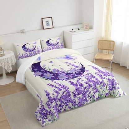 Manfei Lavender Comforter Set Full Size, Purple Moon Butterfly Print Bedding Set 3pcs for Kids Girls Bedroom Decor, Botanical Floral Quilt Set Boho Flower Duvet Set with 2 Pillowcases