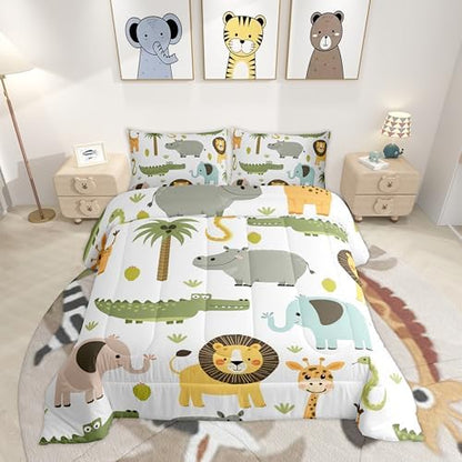 Feelyou Wild Animals Comforter Set Safari Animals Print Comforter for Boys Girls Teens Cute Hippo Crocodile Lion Bedding Set Kids Cartoon Elephant Giraffe Duvet Set Room Decor Quilt Set Queen Size