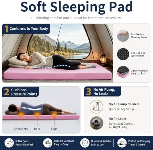 CYMULA Memory Foam Camping Mattress Pad,Sleeping Pad for Camping,Non-Slip Bottom Floor Car Mattress Bed with Retaining Portable Roll up Mattress Pad Mat for Travel Truck Guest Bed Tent