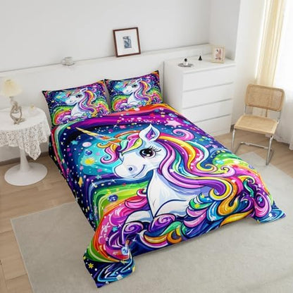 Castle Fairy Unicorn Comforter Set King Size 3 Piece Colorful Unicorn Bedding Set for Girls Kids Bedroom Decor,Universe Starry Sky Watercolor Reversible All Season Quilt Duvet with 2 Pillowcases