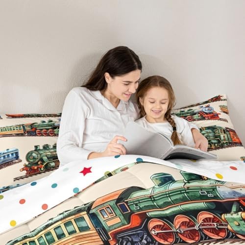 Erosebridal Boys Train Bedding Set King for Home, Vintage Steam Train Comforter Set, Steam Engine Comforter, Transportation Vehicle Quilt with 2 Pillowcases for Kids Teen Men Bedroom, Lightweight