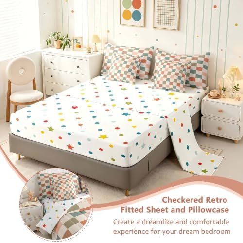 Feelyou Multicolored Checkered Retro 7 Piece Bedding Set Kids Boys Geometric Vintage Comforter Set with Sheets Queen Size Ivory White Colorful Bed in a Bag Modern Simple Groovy Aesthetic Room Decor