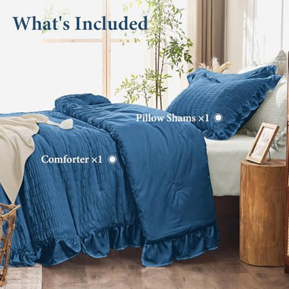 JOLLYVOGUE Teal Twin Size Comforter Set, 2 Pieces Seersucker Lightweight Fluffy Bedding Set, Twin Ruffle Comforter, All Season Soft Microfiber Shabby Chic Bed Set