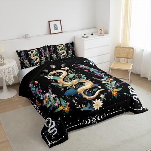 Boho Snake Comforter Set Queen Size,Watercolor Floral Leaves Bedding Set 3Pcs,Sun and Moon Quilted Duvet for Kids Girls Boys Teens Room Decor,Exotic Style Black White Down Comforter,2 Pillowcases