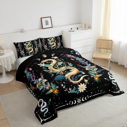 Boho Snake Comforter Set Queen Size,Watercolor Floral Leaves Bedding Set 3Pcs,Sun and Moon Quilted Duvet for Kids Girls Boys Teens Room Decor,Exotic Style Black White Down Comforter,2 Pillowcases
