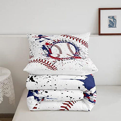 Castle Fairy Baseball Bedding Set Full Size Graffiti Red Navy Blue Comforter Set 3pcs for Kids Boys Teens Bedroom Decor Ball Sports Gaming Quilted Duvet Baseball Player White Bedspread,2 Pillowcases